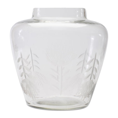 7" Clear Etched Leaf Glass Urn Table Vase