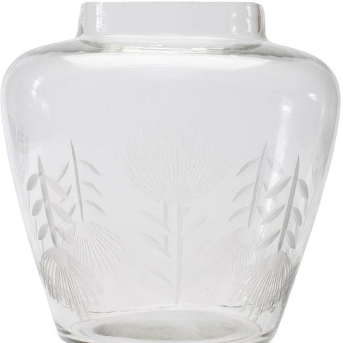 7" Clear Etched Leaf Glass Urn Table Vase