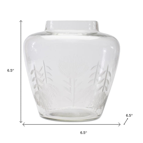 7" Clear Etched Leaf Glass Urn Table Vase