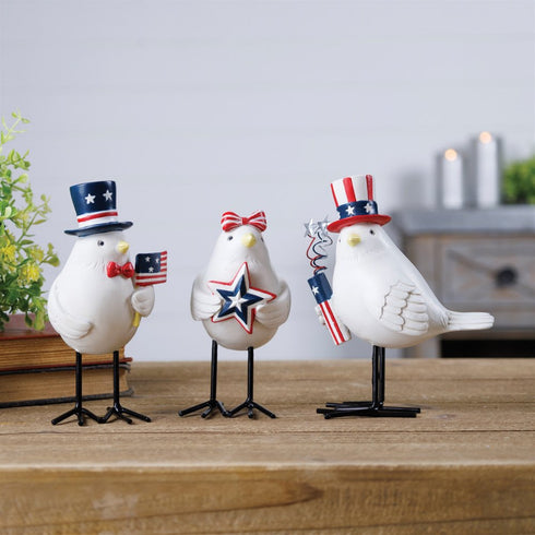 Set of Three Red White And Blue Polyresin Americana Bird Figurines