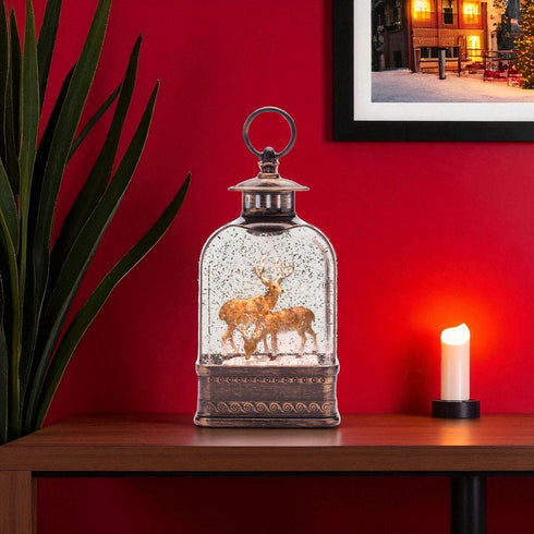 11" Brown And White Plastic Deer Tabletop Sculpture with LED