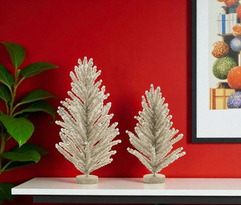 Set of Two Silver Plastic Trees Tabletop Sculpture