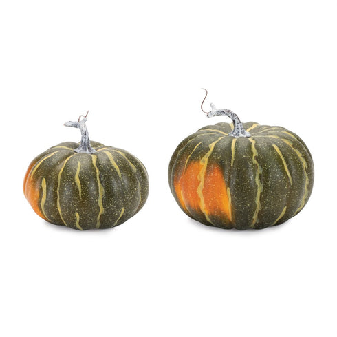 Set of Two Green And Orange Plastic Pumpkin Thanksgiving Pumpkin Tabletop Sculpture