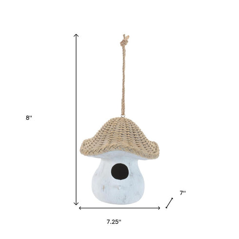 8" White And Beige Polyresin Mushroom Decorative Bird House