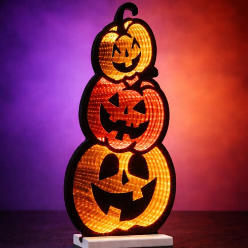 23" Orange Black And Yellow Acrylic Halloween Jack-O-Lantern Tabletop Sign with LED