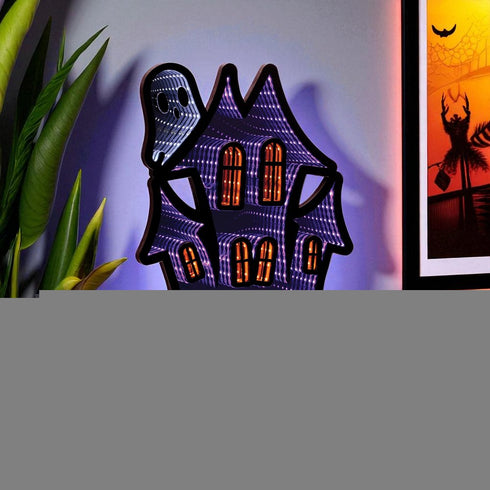 16" Black Orange And Purple Acrylic House Halloween Ghost Tabletop Sign with LED