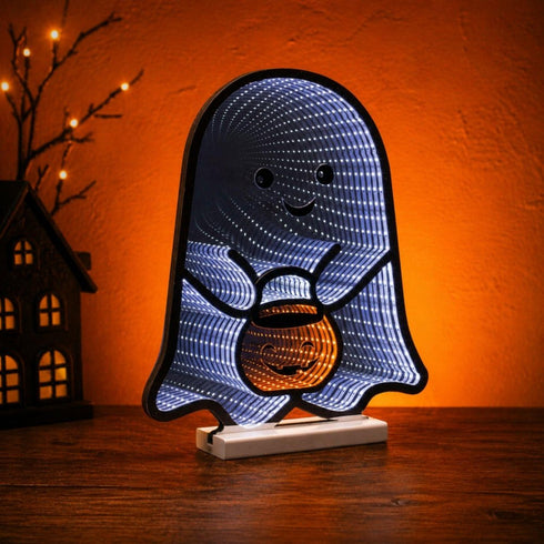 16" White Orange And Black Acrylic Halloween Ghost Tabletop Sign with LED