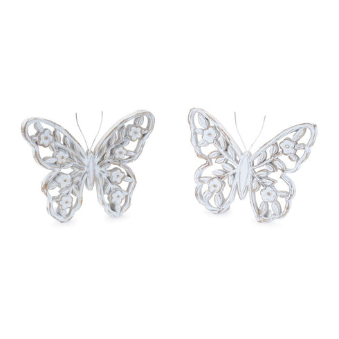 Set of Two White And Beige Polyresin Butterfly Tabletop Sculptures
