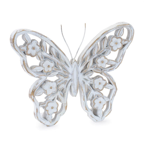 Set of Two White And Beige Polyresin Butterfly Tabletop Sculptures