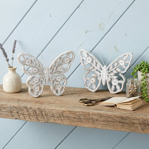 Set of Two White And Beige Polyresin Butterfly Tabletop Sculptures