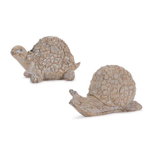Set of Two Brown Polyresin Snail And Turtle Tabletop Sculptures