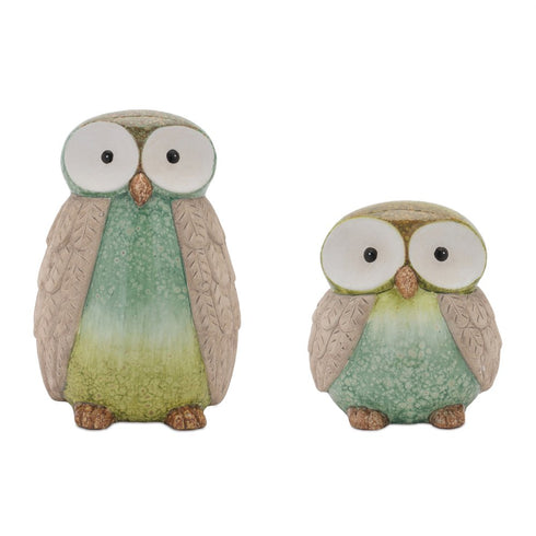 Set of Two Green And Blue Terracotta Owl Tabletop Sculpture