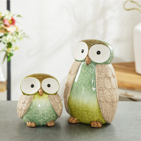 Set of Two Green And Blue Terracotta Owl Tabletop Sculpture