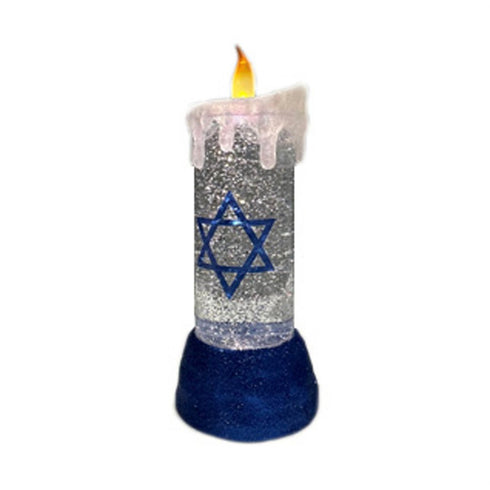 10" Blue And White Flameless Hanukkah Pillar Candle With Snow Globe