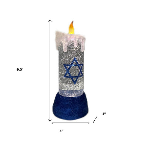 10" Blue And White Flameless Hanukkah Pillar Candle With Snow Globe