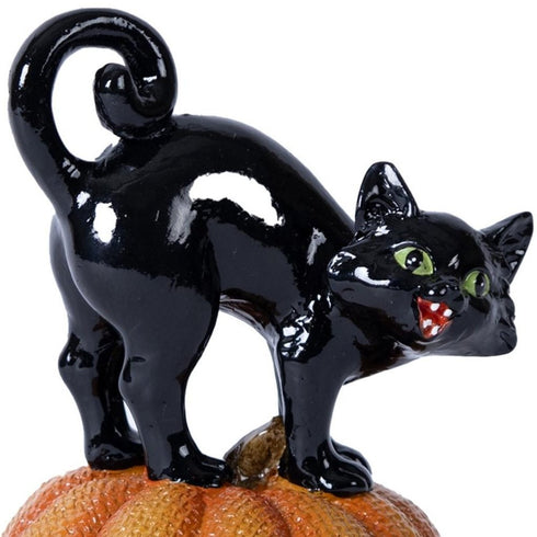 Set of Three Black And Orange Polyresin Halloween Black Cat Figurines
