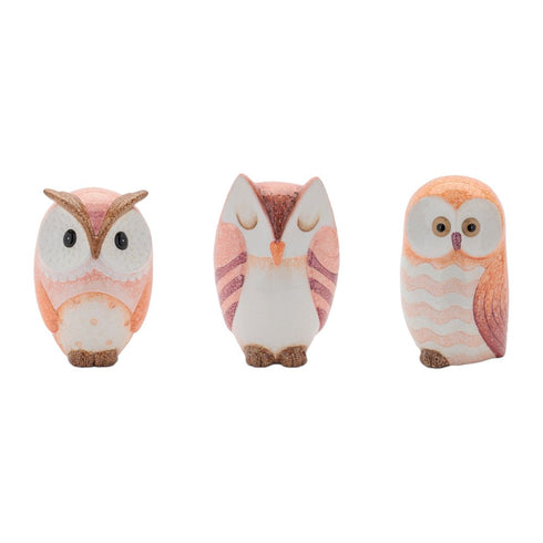 Set of Three Pink And Beige Terracotta Owl Figurines