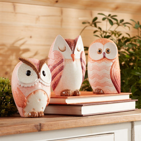 Set of Three Pink And Beige Terracotta Owl Figurines