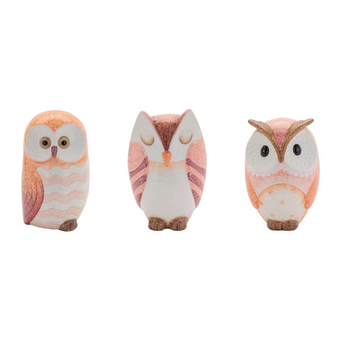 Set of Three Pink And Beige Terracotta Owl Figurines