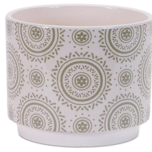 Set of Three Green Pink And White Ceramic 1 Ounce Leaf Round Pot Planters