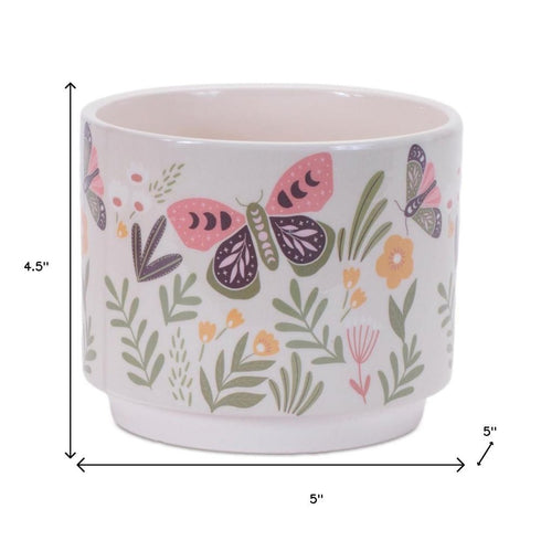 Set of Three Green Pink And White Ceramic 1 Ounce Leaf Round Pot Planters