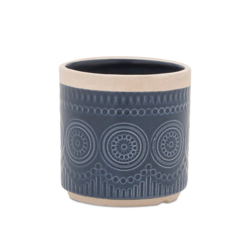Set of Two Beige And Blue Ceramic 1 Ounce Geometric Round Pot Planters