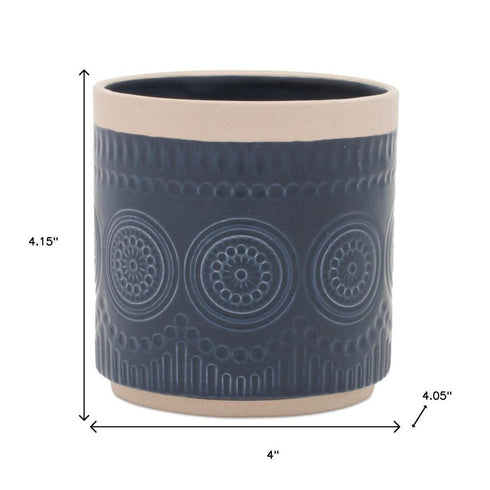 Set of Two Beige And Blue Ceramic 1 Ounce Geometric Round Pot Planters