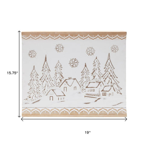 16" X 19" Natural And White Winter Village Christmas Trees Hanging Wall Decor