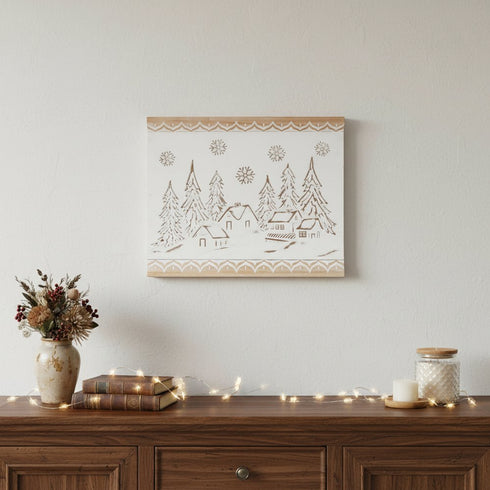 16" X 19" Natural And White Winter Village Christmas Trees Hanging Wall Decor