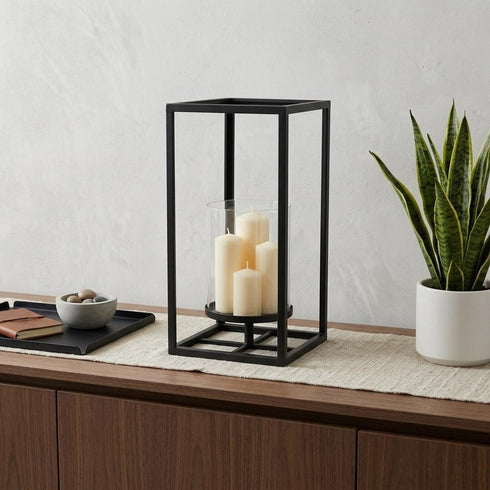 13" Black And Clear Metal And Glass Tabletop Candle Holder