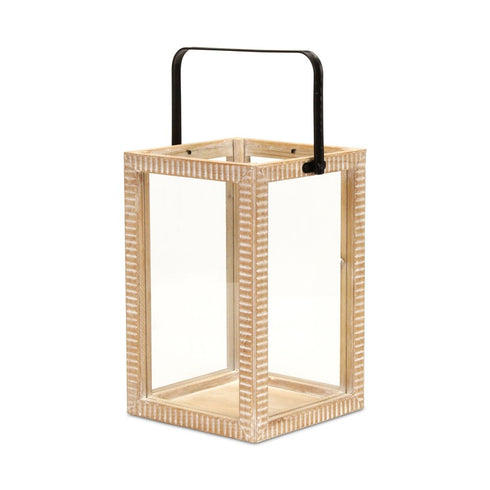 16" Clear And Natural Glass And Solid Wood Tabletop Lantern Candle Holder