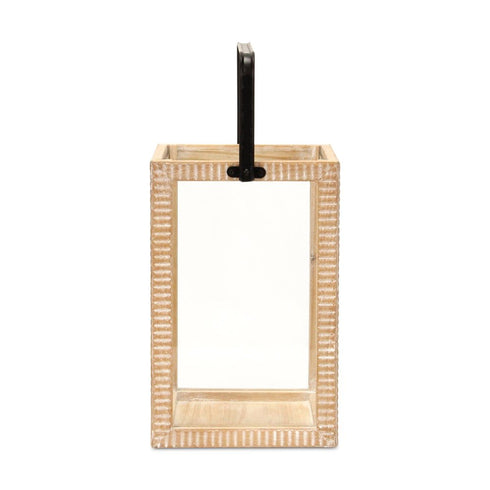 16" Clear And Natural Glass And Solid Wood Tabletop Lantern Candle Holder