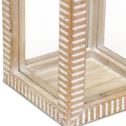 16" Clear And Natural Glass And Solid Wood Tabletop Lantern Candle Holder