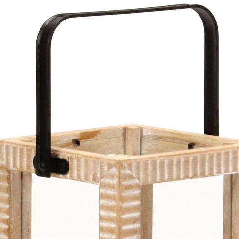 13" Natural Distressed Geometric Solid Wood Tabletop Lantern Candle Holder