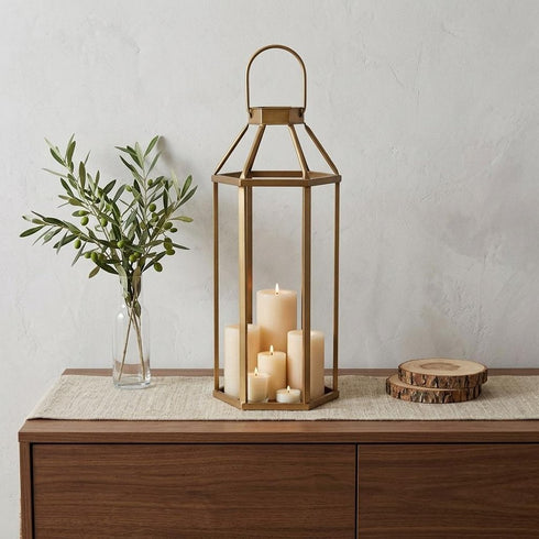 32" Gold Geometric Metal Floor Lantern Candle Holder