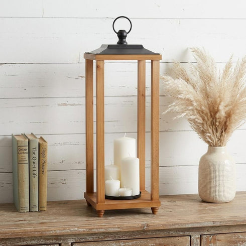 24" Brown And Black Geometric Metal And Solid Wood Floor Lantern Candle Holder