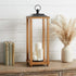 24" Brown And Black Geometric Metal And Solid Wood Floor Lantern Candle Holder