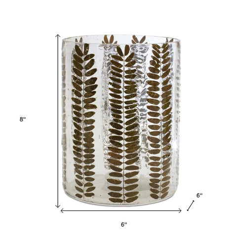 8" Clear And Green Botanical Leaf Glass Tabletop Pillar Candle Holder