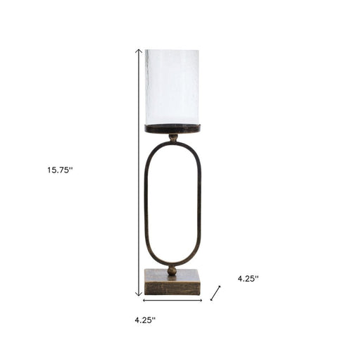 Set of Two Antiqued Bronze Geometric Glass And Metal Tabletop Hurricane Candle Holders