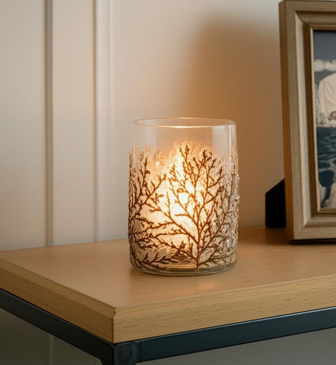 Set of Three Brown And Clear Botanical Leaf Glass Tabletop Votive Candle Holders