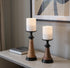 Set of Two Black And Brown Metal And Solid Wood Tabletop Pillar Candle Holders
