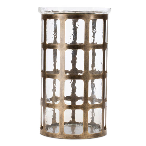 12" Gold Lattice Iron And Glass Tabletop Pillar Candle Holder