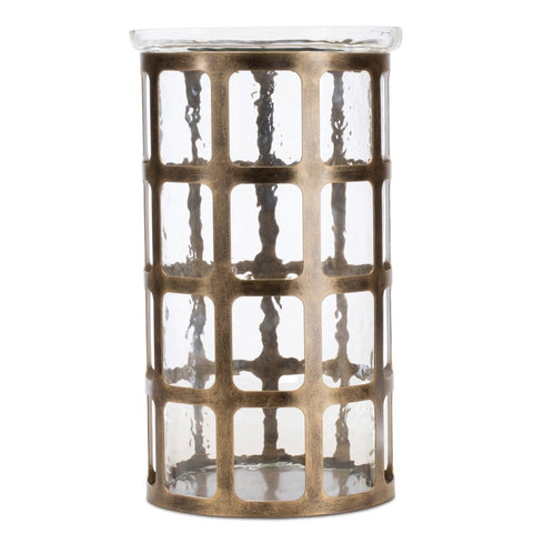 12" Gold Lattice Iron And Glass Tabletop Pillar Candle Holder