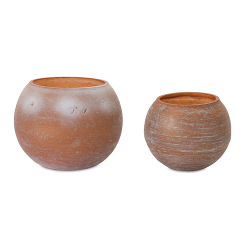 Set of Two Pink And Brown Distressed Abstract Glass Tabletop Votive Candle Holders