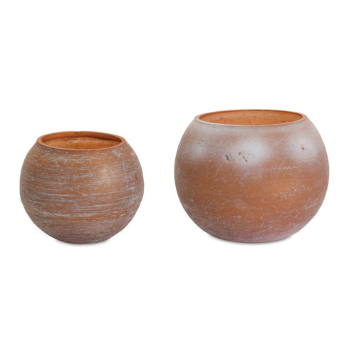 Set of Two Pink And Brown Distressed Abstract Glass Tabletop Votive Candle Holders