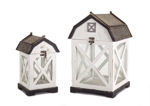 Set of Two White And Brown Distressed Geometric Wood Floor Lantern Candle Holders