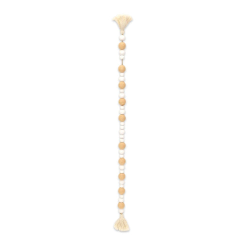 38" White And Natural Wood And Fabric Hand Painted Decorative Tassel