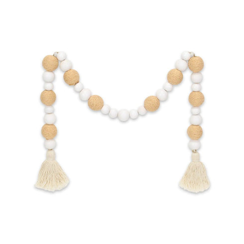 38" White And Natural Wood And Fabric Hand Painted Decorative Tassel