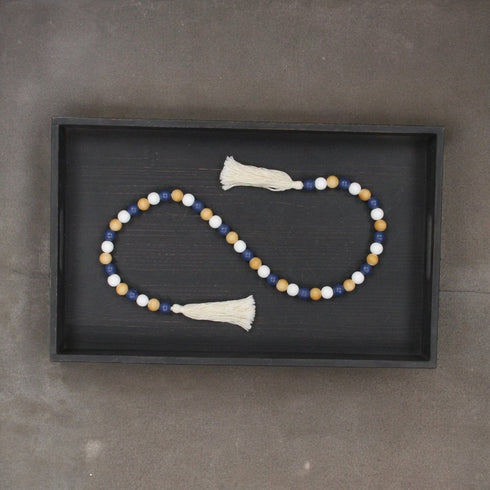 36" Blue Natural And White Wood Hand Painted Decorative Tassel