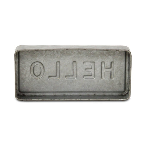 4" Gray And White Galvanized Metal Hello Hand Painted Tabletop Sign